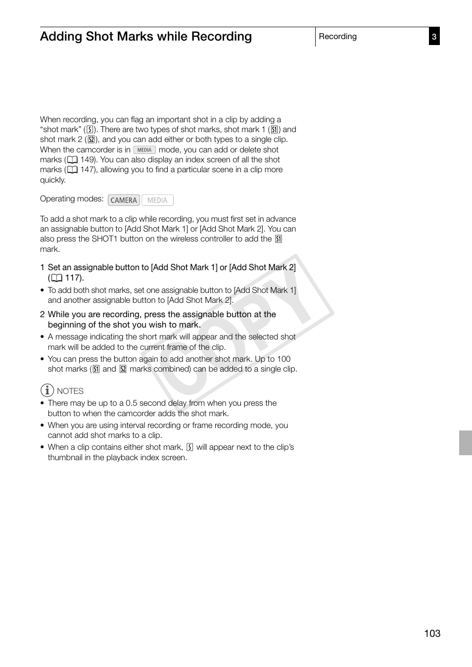 Adding shot marks while recording, Adding shot marks while recording 103, Cop y | Canon XF305 User Manual | Page 103 / 217