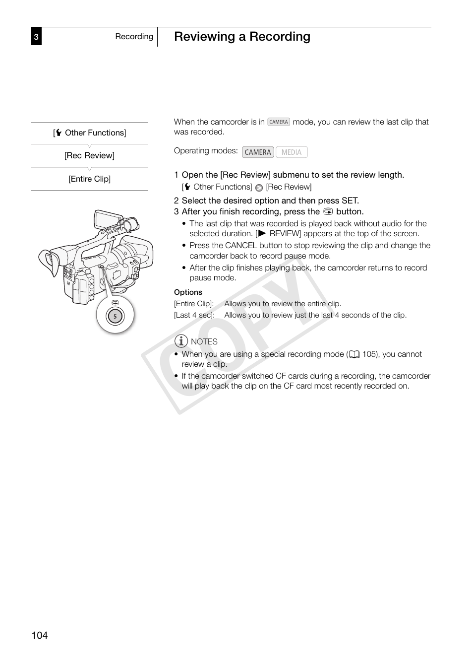 Reviewing a recording, Reviewing a recording 104, 104)/a | Cop y | Canon XF305 User Manual | Page 104 / 217