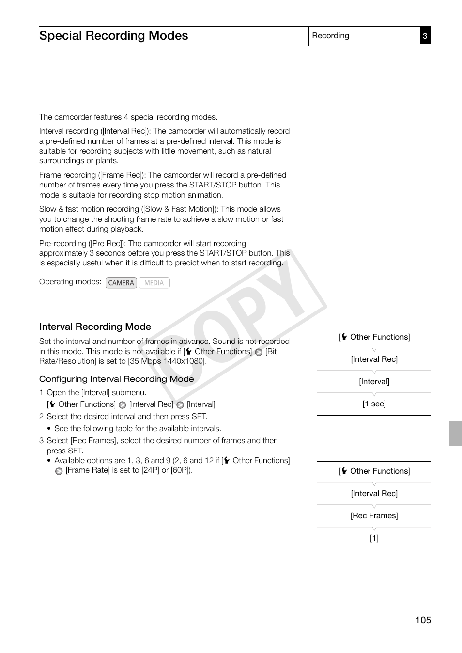 Special recording modes, Interval recording mode, Special recording modes 105 | Interval recording mode 105, Cop y | Canon XF305 User Manual | Page 105 / 217