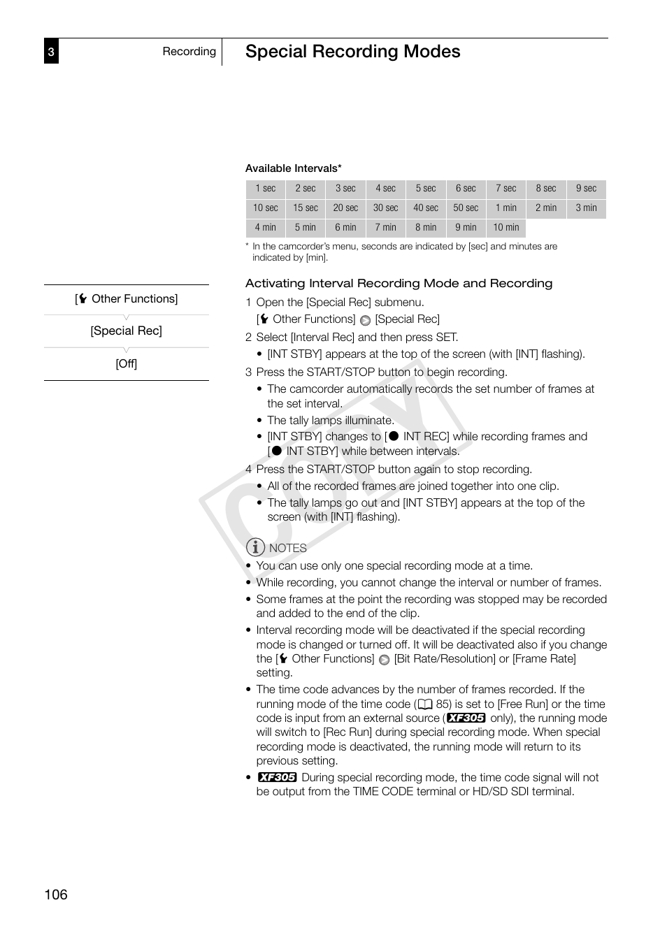 Cop y, Special recording modes | Canon XF305 User Manual | Page 106 / 217