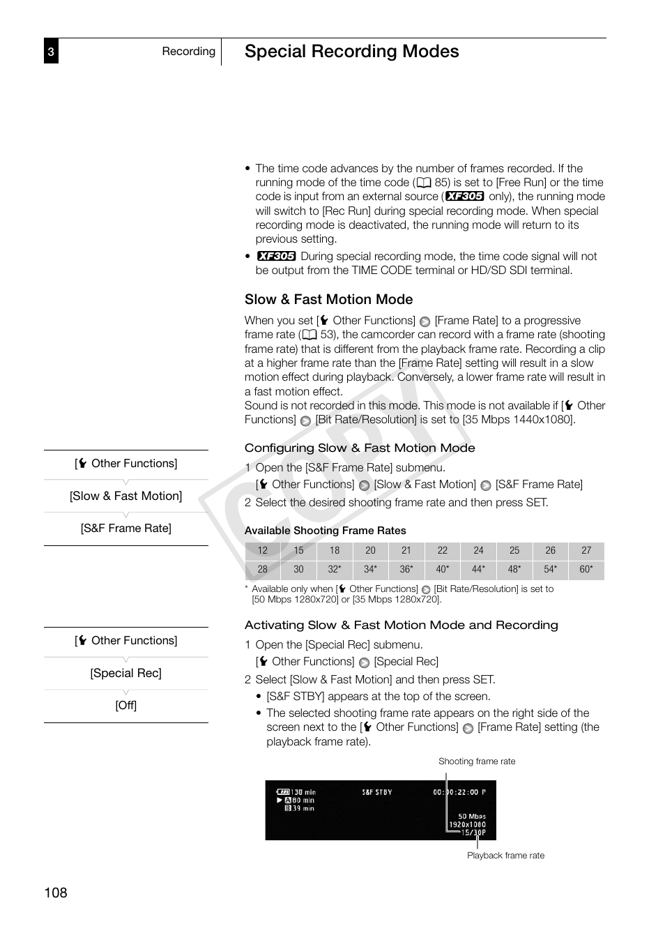 Slow & fast motion mode, Slow & fast motion mode 108, Cop y | Special recording modes | Canon XF305 User Manual | Page 108 / 217