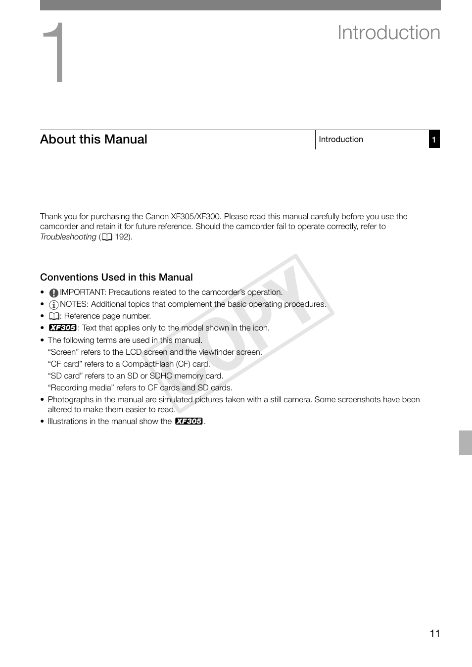 Introduction, About this manual, Conventions used in this manual | Introduction 11, About this manual 11, Conventions used in this manual 11, Cop y | Canon XF305 User Manual | Page 11 / 217