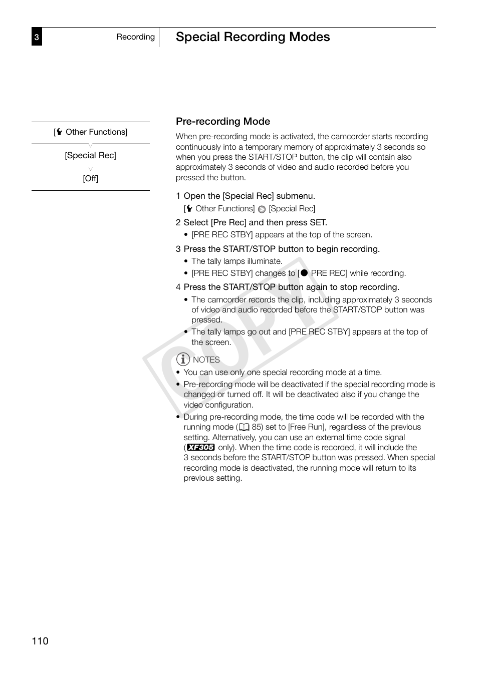 Pre-recording mode, Pre-recording mode 110, Cop y | Canon XF305 User Manual | Page 110 / 217