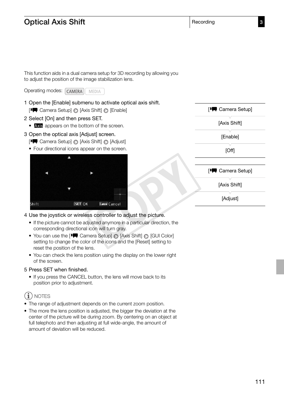 Optical axis shift, 111) and the f, Optical axis shift 111 | Cop y | Canon XF305 User Manual | Page 111 / 217
