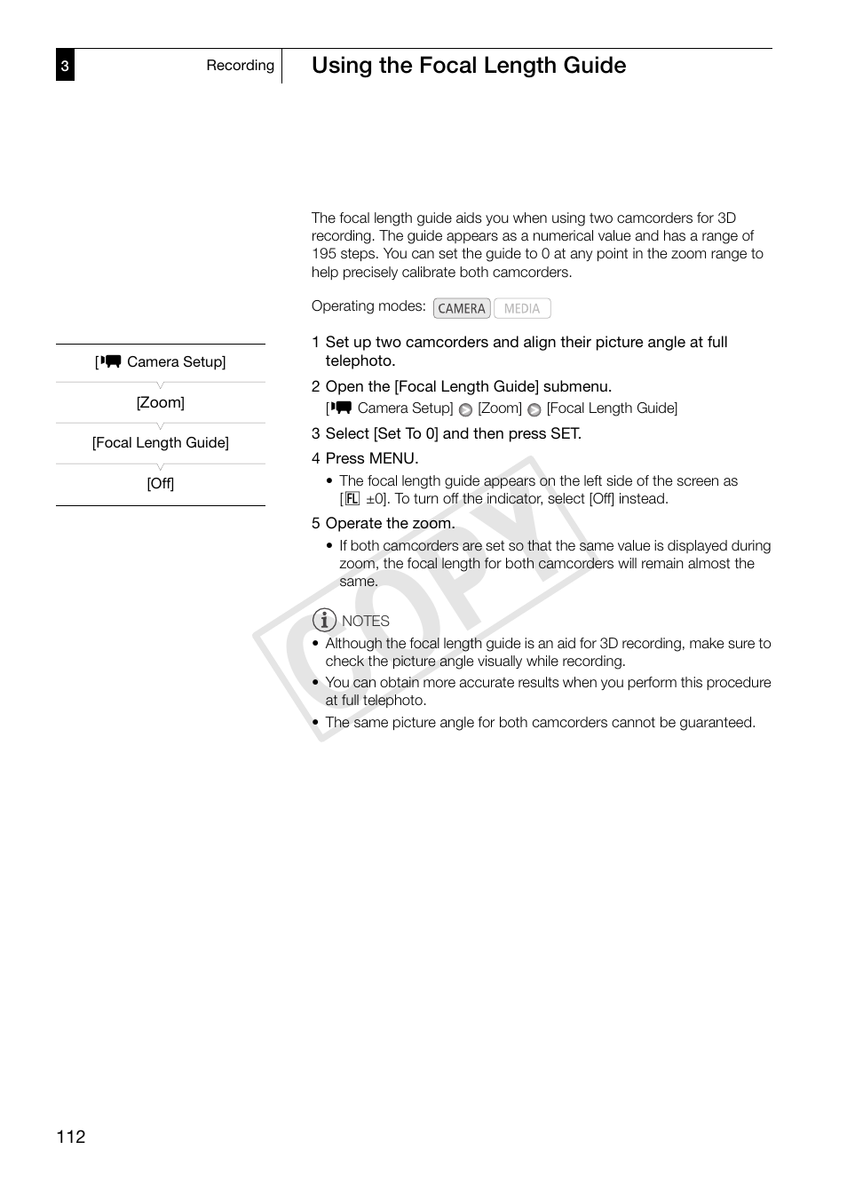 Using the focal length guide, 112) have, Using the focal length guide 112 | Cop y | Canon XF305 User Manual | Page 112 / 217