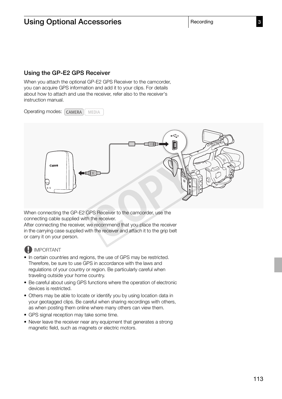 Using optional accessories, Using the gp-e2 gps receiver, Using optional accessories 113 | Using the gp-e2 gps receiver 113, Cop y | Canon XF305 User Manual | Page 113 / 217