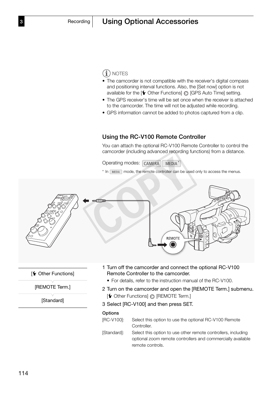 Using the rc-v100 remote controller, Using the rc-v100 remote controller 114, Cop y | Canon XF305 User Manual | Page 114 / 217