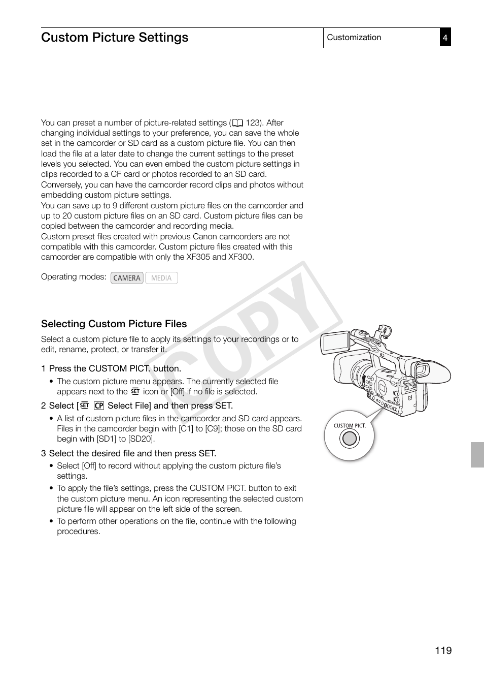 Custom picture settings, Selecting custom picture files, 119), you ca | Custom picture settings 119, Selecting custom picture files 119, 119) an, Cop y | Canon XF305 User Manual | Page 119 / 217