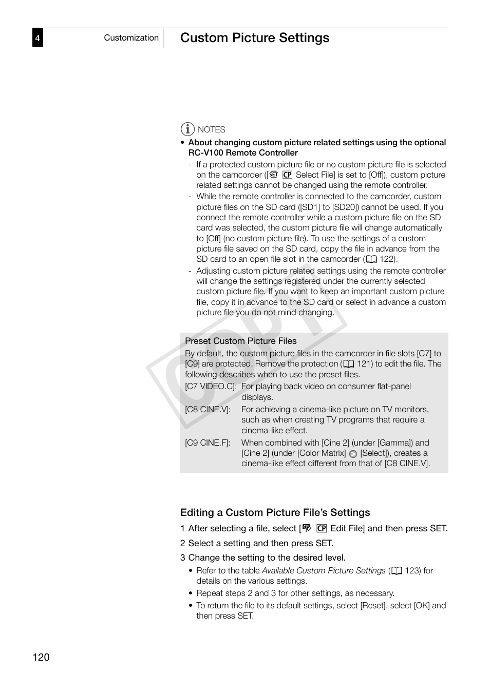 Editing a custom picture file’s settings, Editing a custom picture file’s settings 120, Cop y | Canon XF305 User Manual | Page 120 / 217