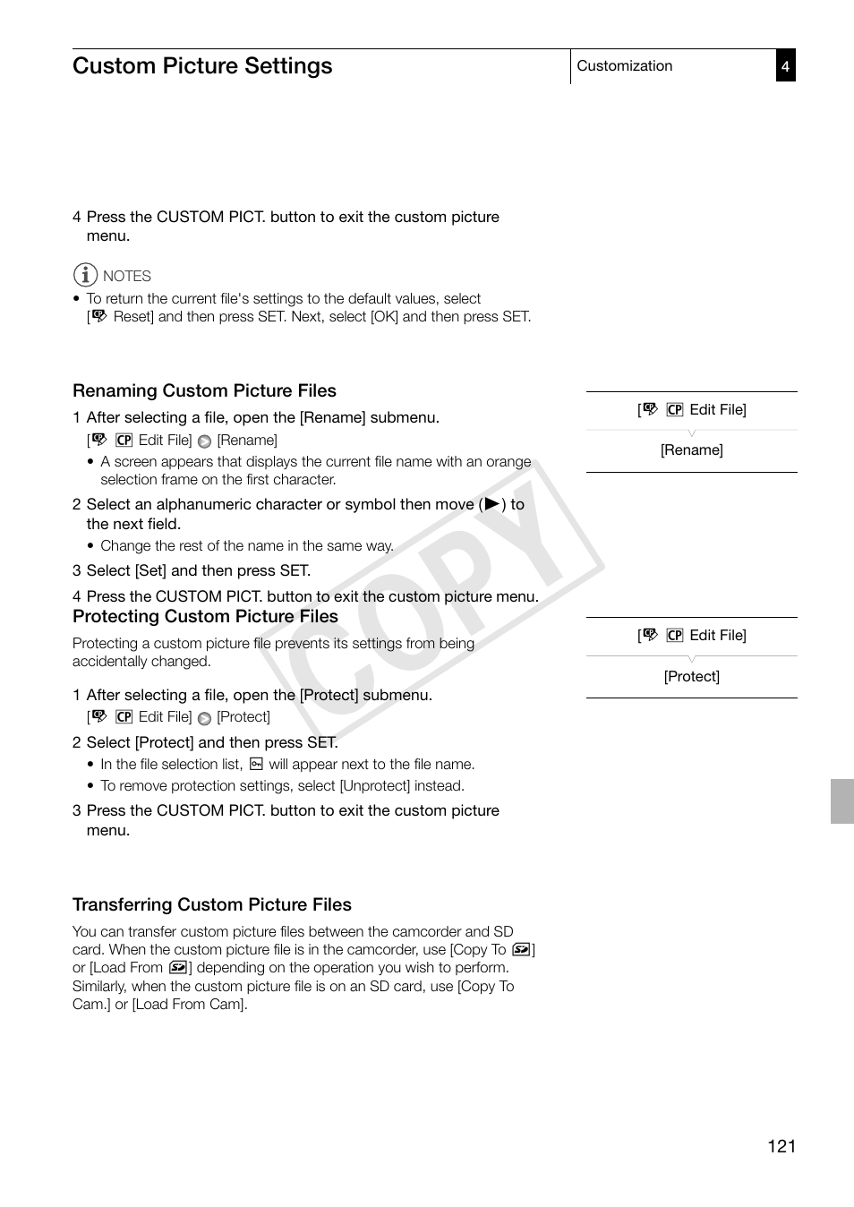 Renaming custom picture files, Protecting custom picture files, Transferring custom picture files | Cop y | Canon XF305 User Manual | Page 121 / 217