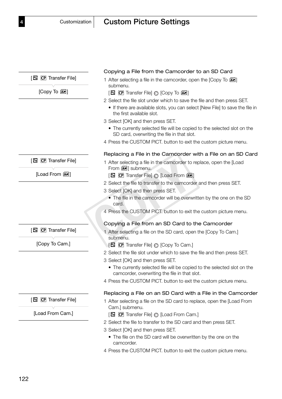 Cop y, Custom picture settings | Canon XF305 User Manual | Page 122 / 217