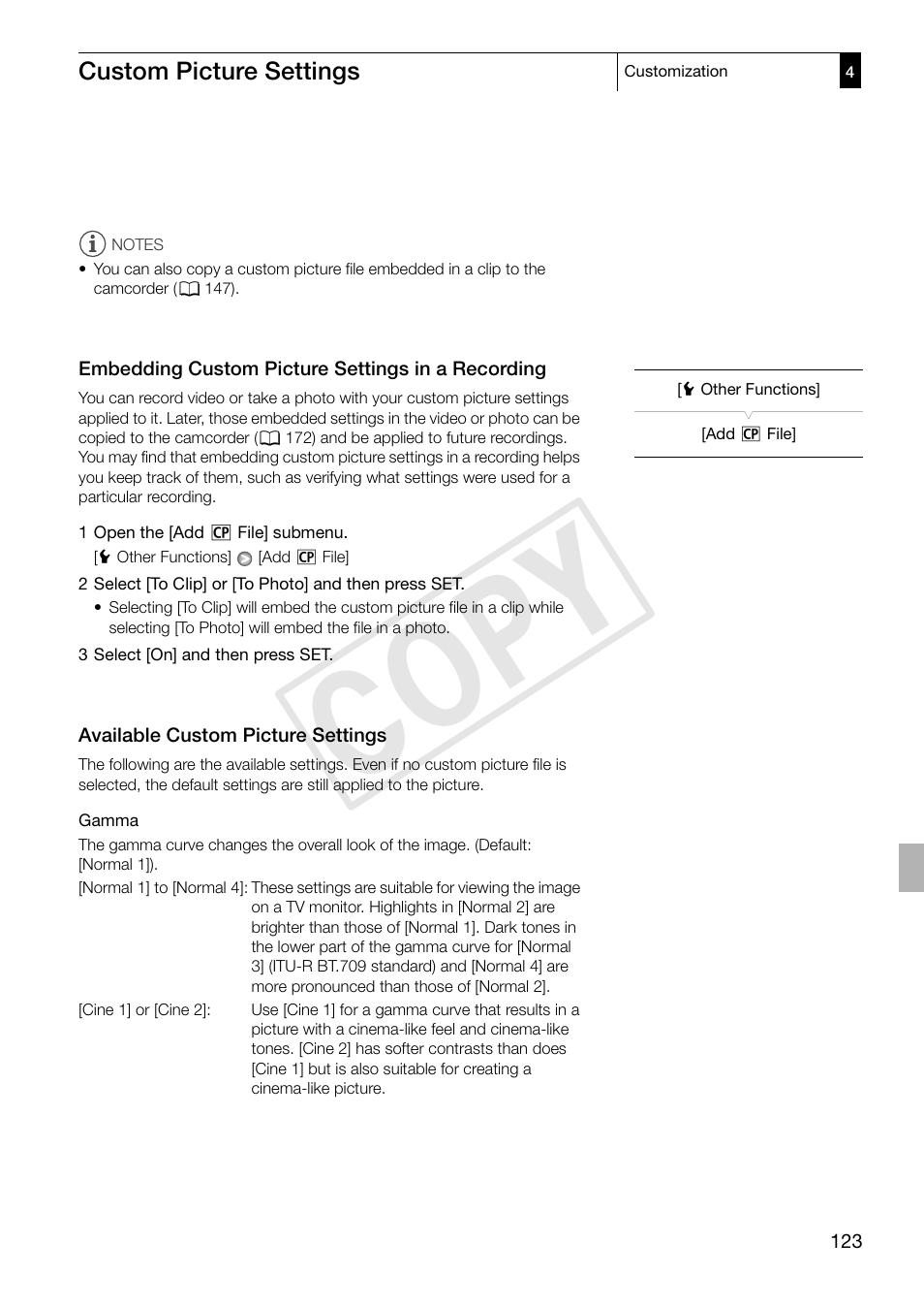 Embedding custom picture settings in a recording, Available custom picture settings, Embedding custom picture settings in a | Recording 123, Available custom picture settings 123, Cop y | Canon XF305 User Manual | Page 123 / 217