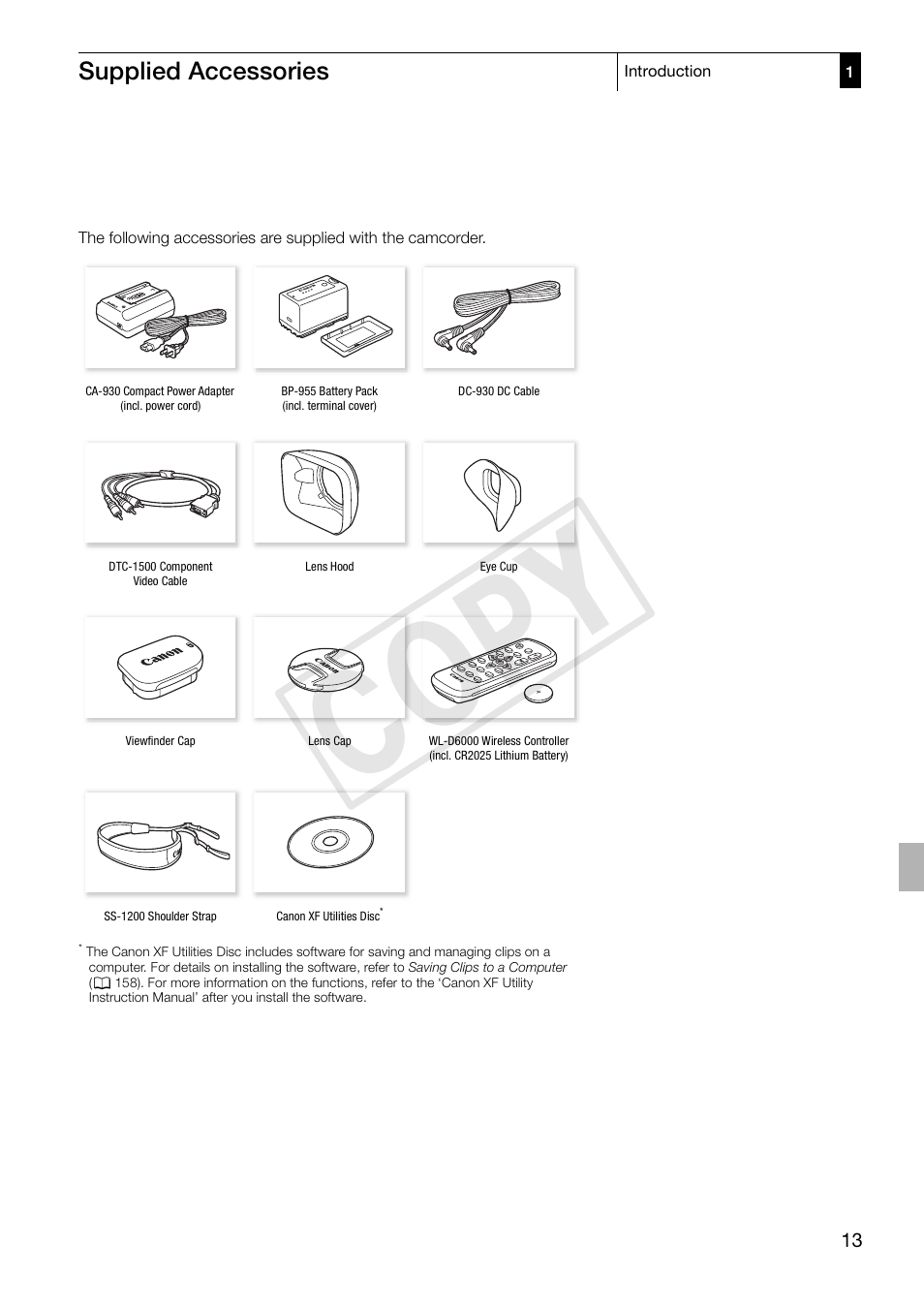 Supplied accessories, Supplied accessories 13, Cop y | Canon XF305 User Manual | Page 13 / 217