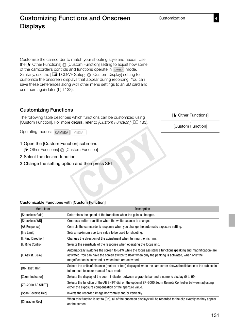 Customizing functions and onscreen displays, Customizing functions, Customizing functions and onscreen | Displays 131, Customizing functions 131, 131) to, Cop y | Canon XF305 User Manual | Page 131 / 217