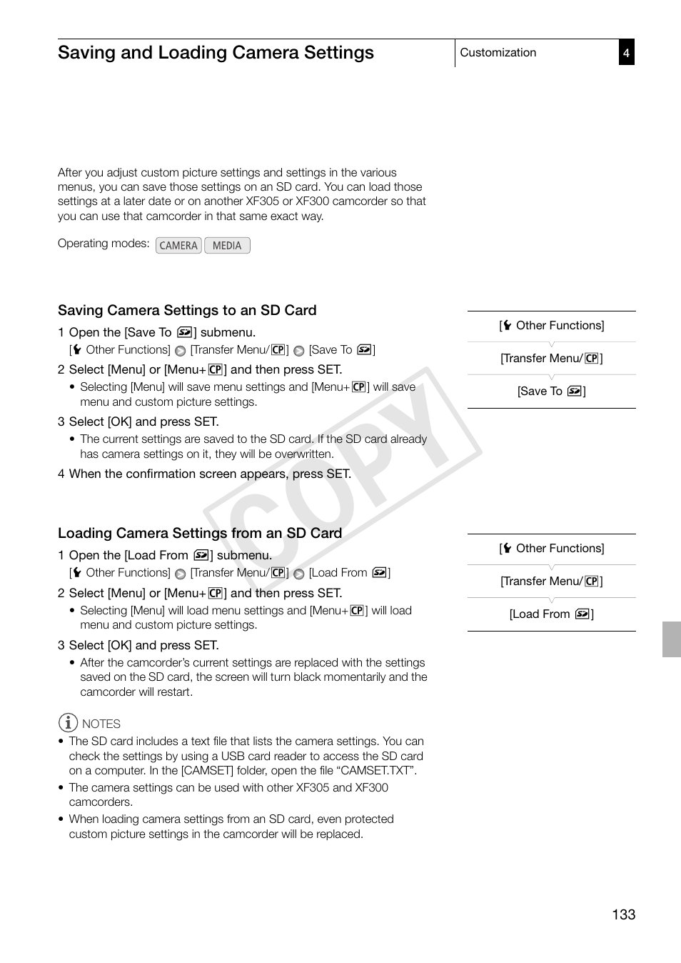 Saving and loading camera settings, Saving camera settings to an sd card, Loading camera settings from an sd card | Saving and loading camera settings 133, Cop y | Canon XF305 User Manual | Page 133 / 217