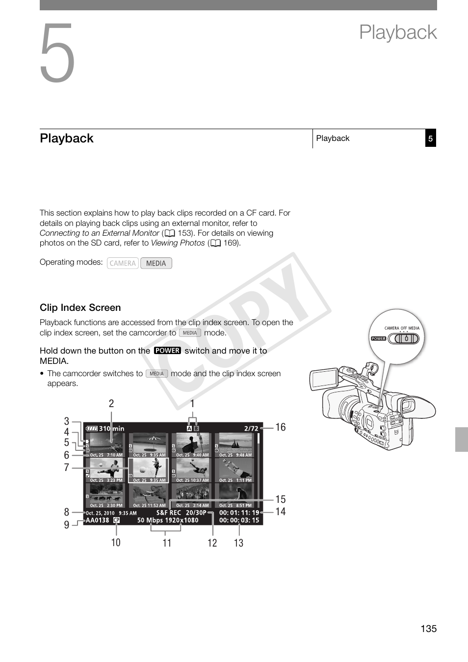 Playback, Clip index screen, Playback 135 | Clip index screen 135, Cop y | Canon XF305 User Manual | Page 135 / 217