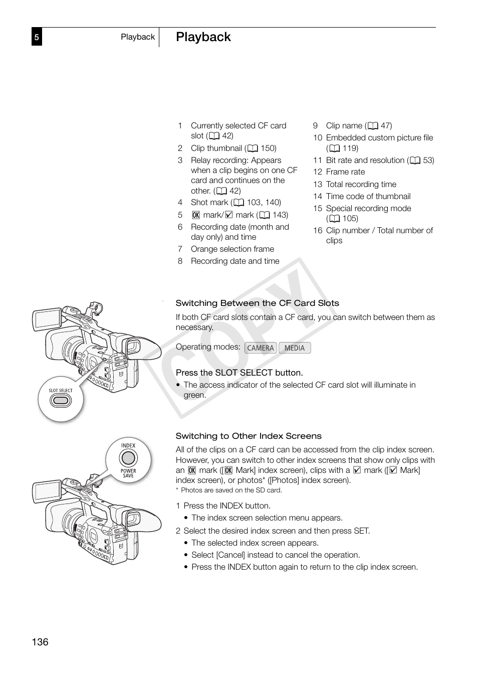 Cop y, Playback | Canon XF305 User Manual | Page 136 / 217