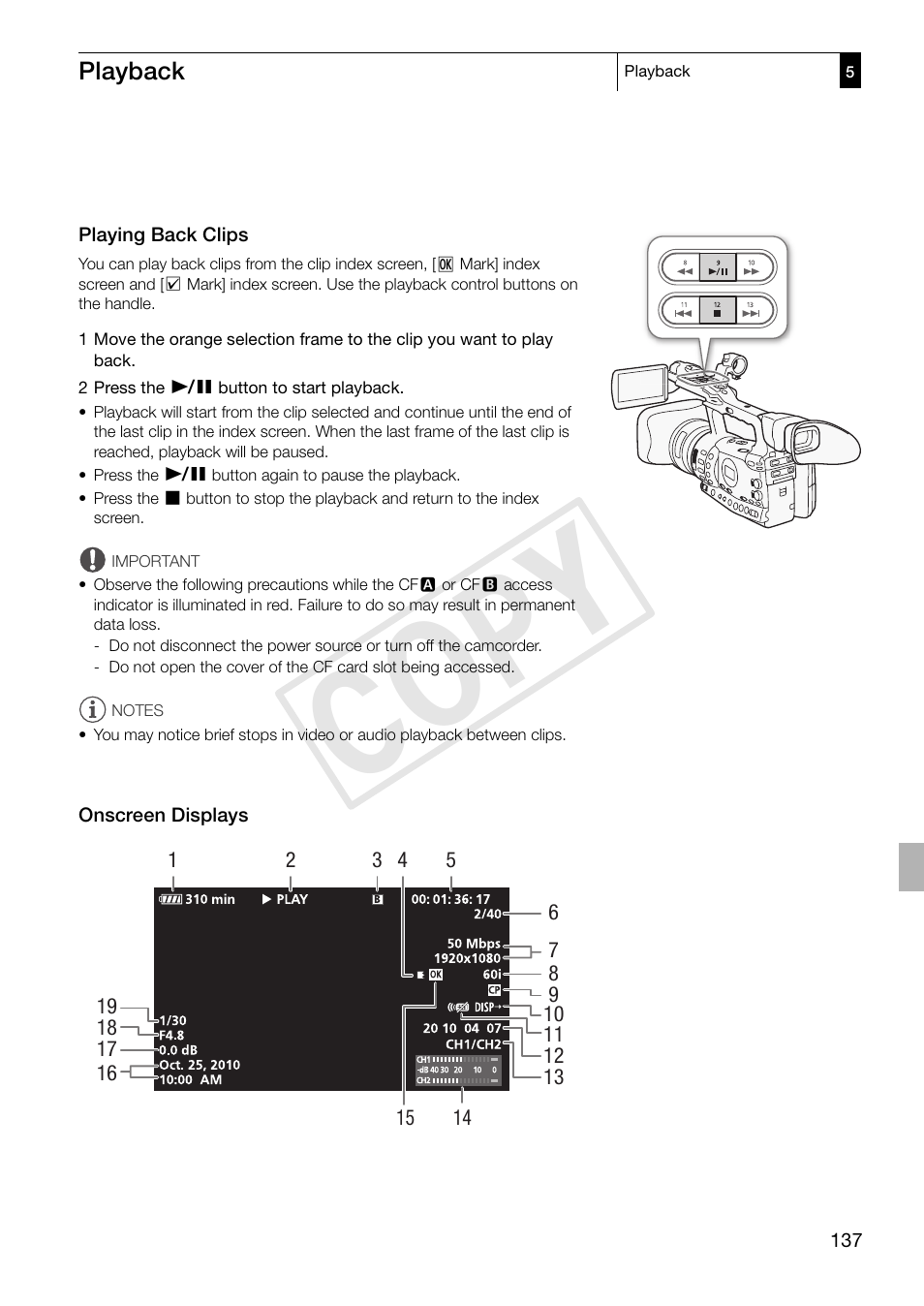 Playing back clips, Onscreen displays, Playing back clips 137 onscreen displays 137 | Cop y | Canon XF305 User Manual | Page 137 / 217