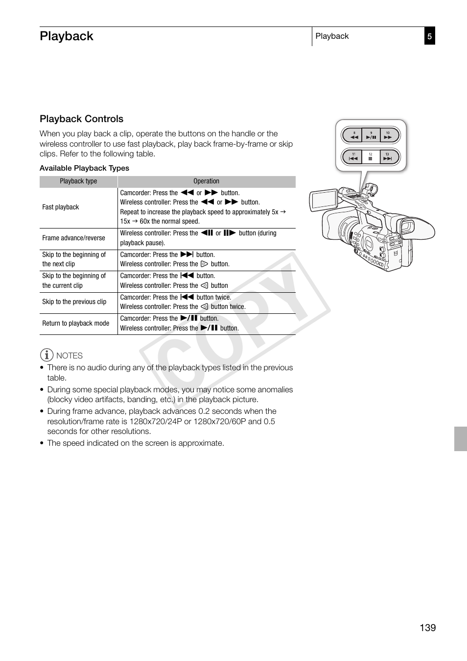 Playback controls, Playback controls 139, Cop y | Playback | Canon XF305 User Manual | Page 139 / 217