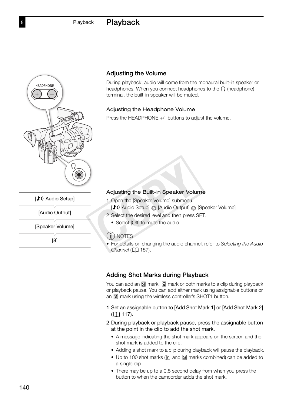 Adjusting the volume, Adding shot marks during playback, Adjusting the volume 140 | Adding shot marks during playback 140, Cop y | Canon XF305 User Manual | Page 140 / 217