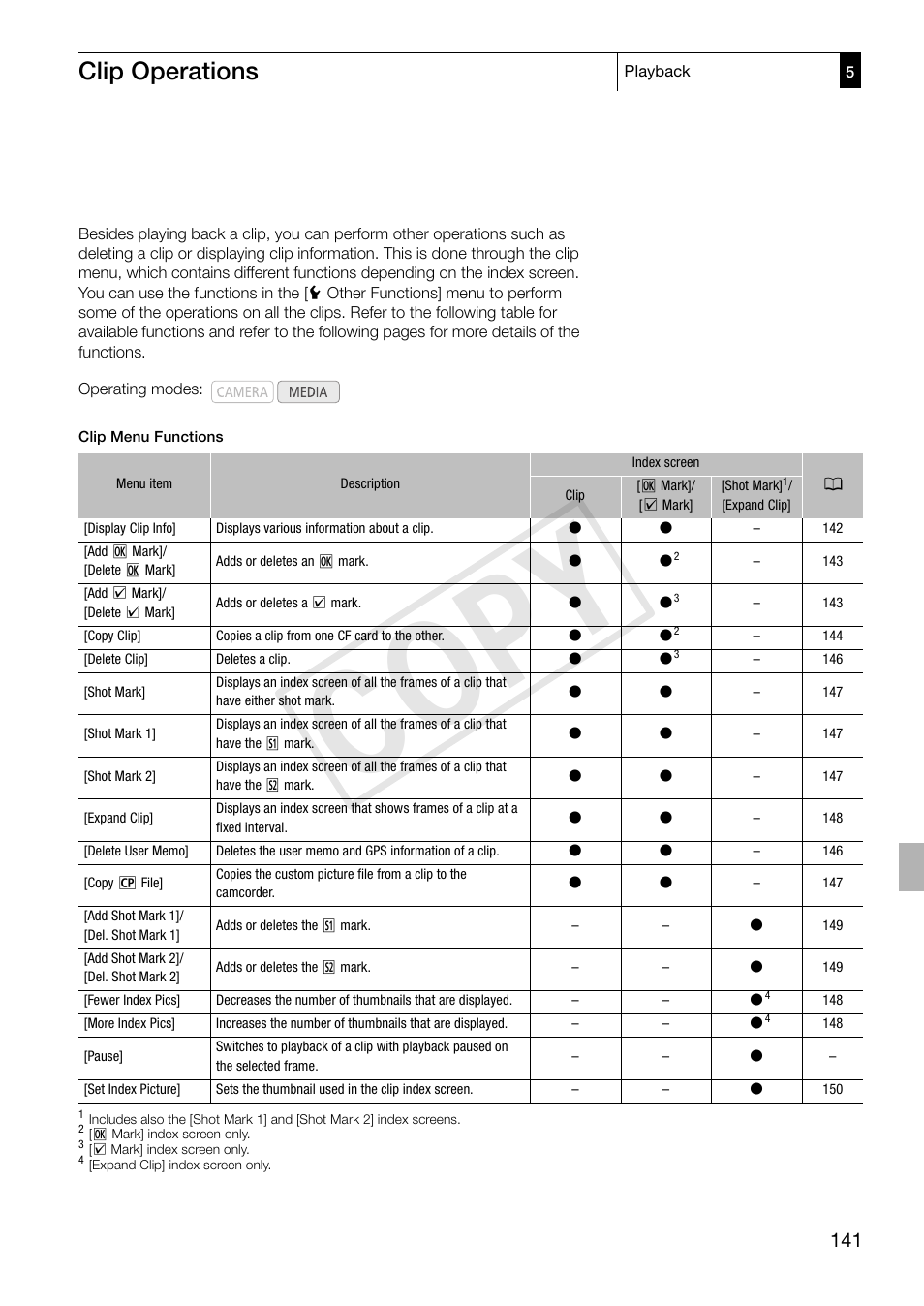 Clip operations, Clip operations 141, Cop y | Canon XF305 User Manual | Page 141 / 217