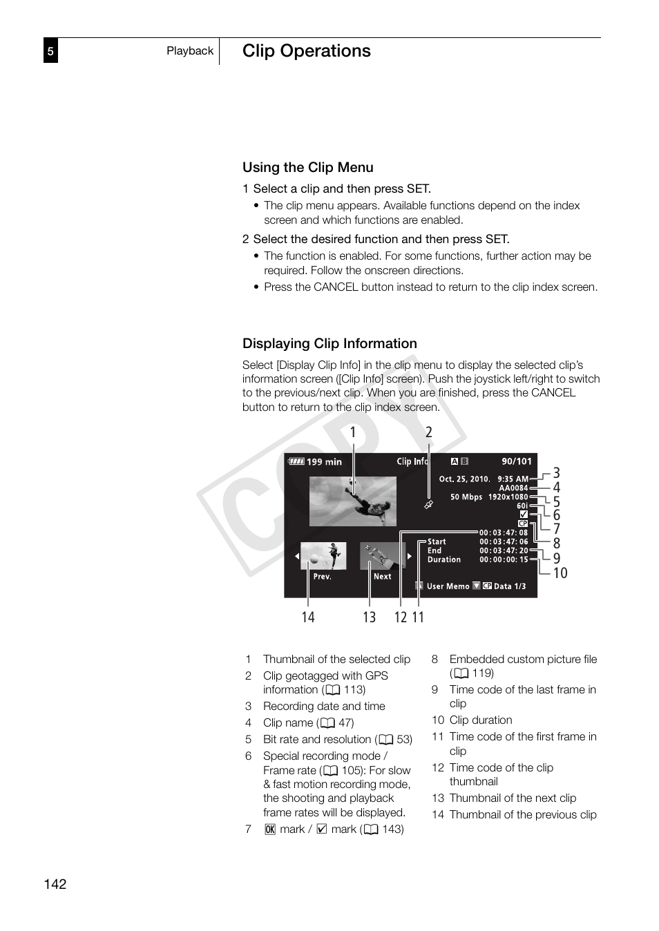 Using the clip menu, Displaying clip information, Cop y | Canon XF305 User Manual | Page 142 / 217