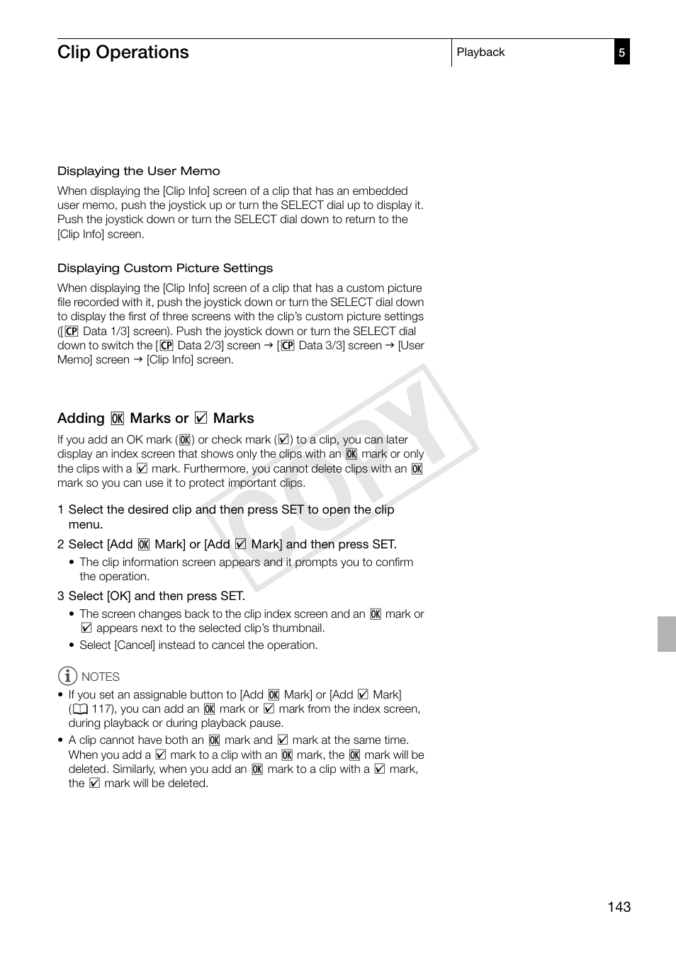 Adding ok marks or check marks, Adding e marks or z marks 143, Cop y | Canon XF305 User Manual | Page 143 / 217