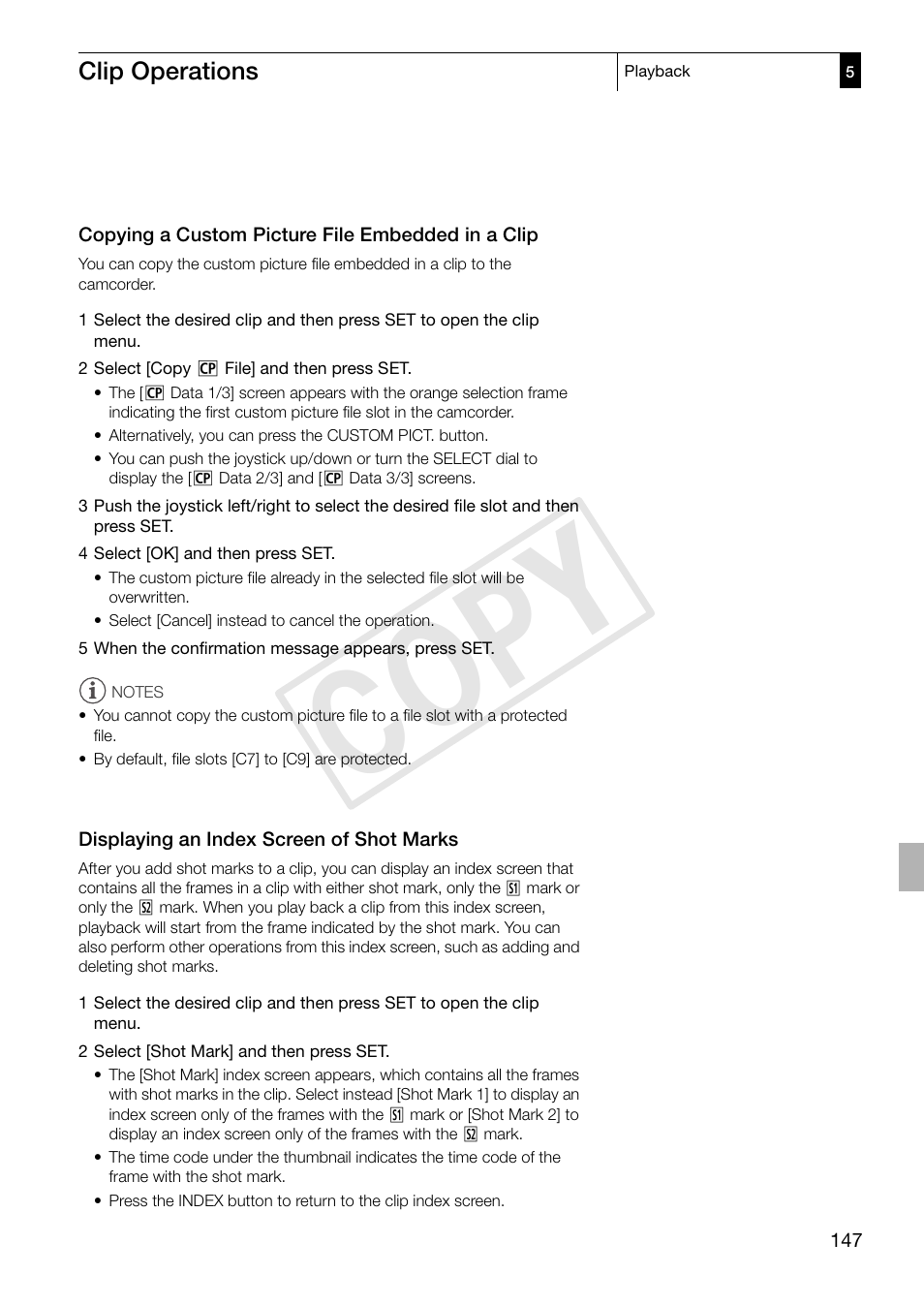 Copying a custom picture file embedded in a clip, Displaying an index screen of shot marks, Copying a custom picture file embedded in a | Clip 147, Displaying an index screen of shot marks 147, Cop y | Canon XF305 User Manual | Page 147 / 217