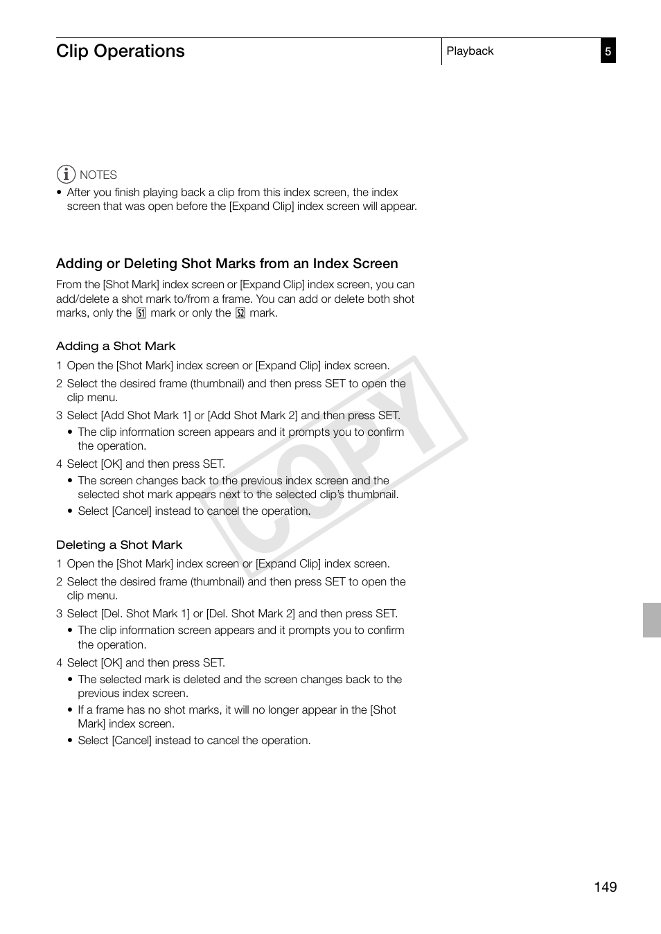 Adding or deleting shot marks from an index screen, Adding or deleting shot marks from an index, Screen 149 | Cop y | Canon XF305 User Manual | Page 149 / 217