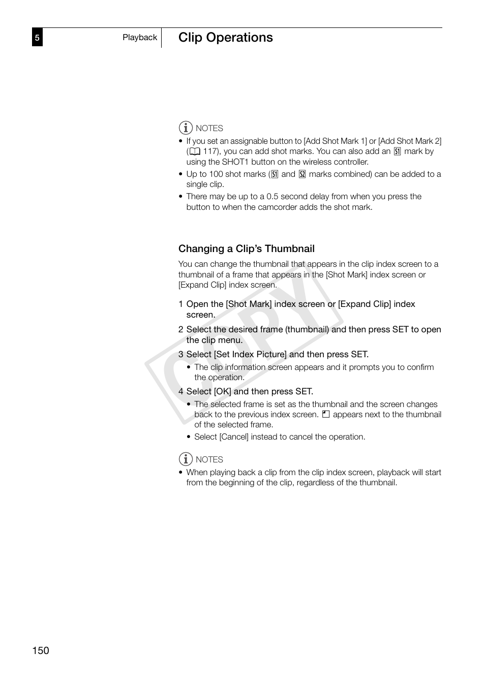 Changing a clip’s thumbnail, Changing a clip’s thumbnail 150, Cop y | Canon XF305 User Manual | Page 150 / 217