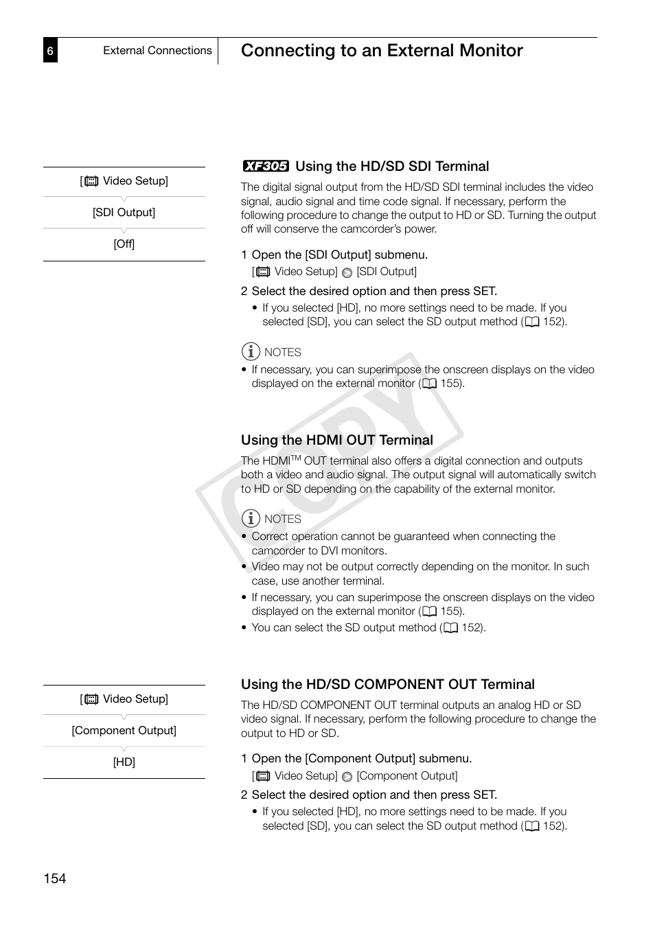 Xf305> using the hd/sd sdi terminal, Using the hdmi out terminal, Using the hd/sd component out terminal | Terminal 154, Cop y | Canon XF305 User Manual | Page 154 / 217