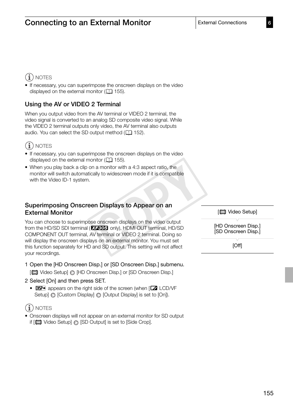 Using the av or video 2 terminal, External monitor 155, Cop y | Canon XF305 User Manual | Page 155 / 217