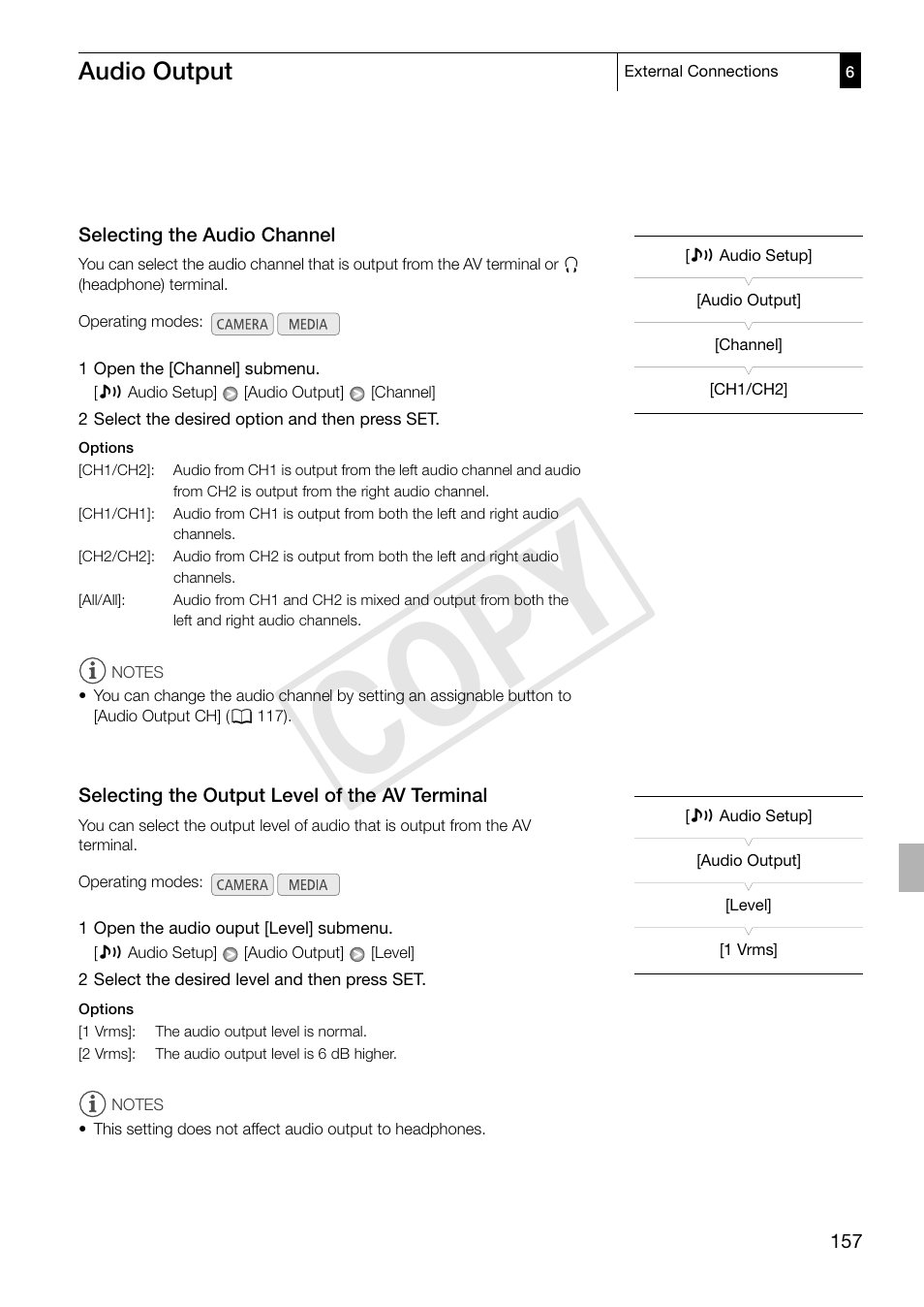 Selecting the audio channel, Selecting the output level of the av terminal, Cop y | Audio output | Canon XF305 User Manual | Page 157 / 217