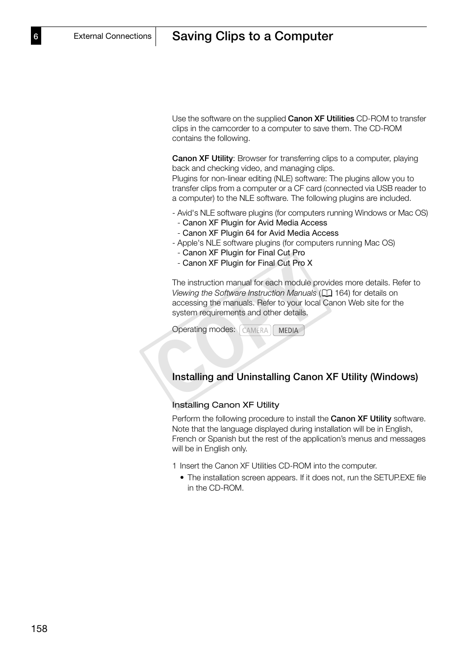 Saving clips to a computer, Saving clips to a computer 158, Installing and uninstalling canon xf utility | Windows) 158, 158), especiall, Cop y | Canon XF305 User Manual | Page 158 / 217