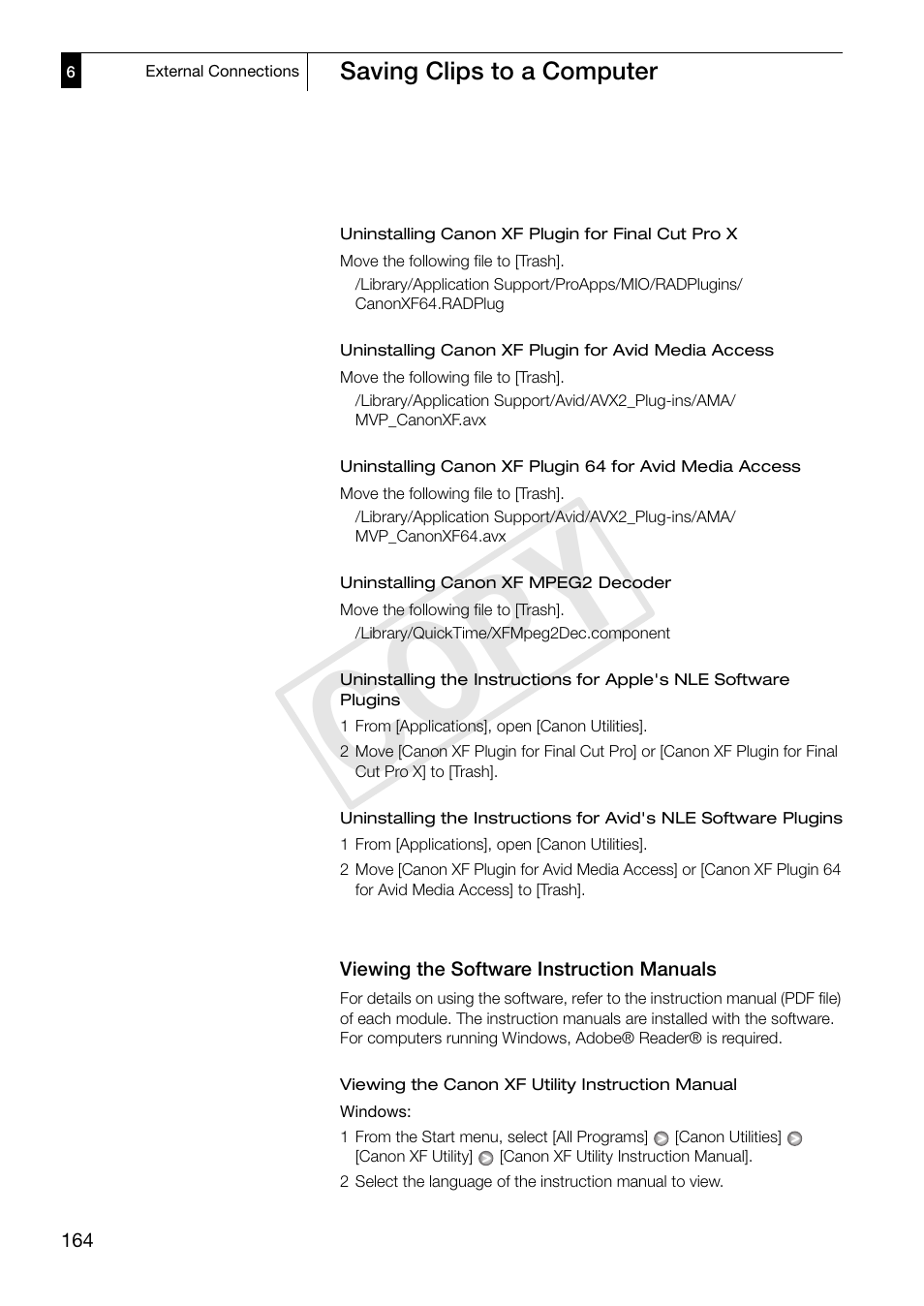 Viewing the software instruction manuals, Viewing the software instruction manuals 164, Cop y | Canon XF305 User Manual | Page 164 / 217