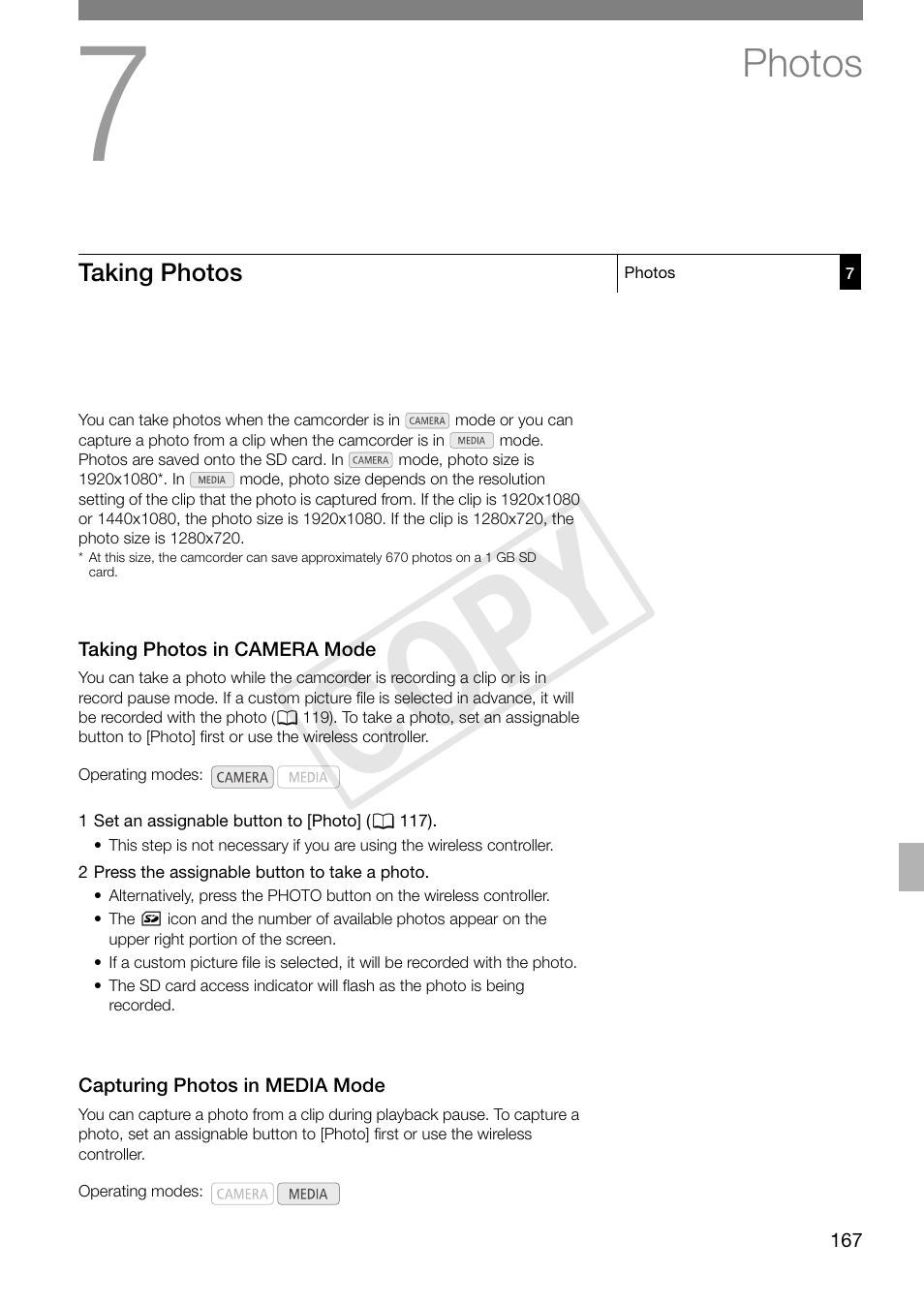 Photos, Taking photos, Taking photos in camera mode | Capturing photos in media mode, Photos 167, Taking photos 167, Cop y | Canon XF305 User Manual | Page 167 / 217