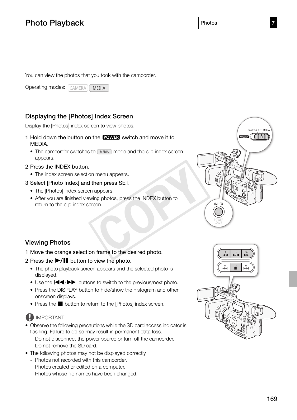 Photo playback, Displaying the [photos] index screen, Viewing photos | Photo playback 169, Cop y | Canon XF305 User Manual | Page 169 / 217