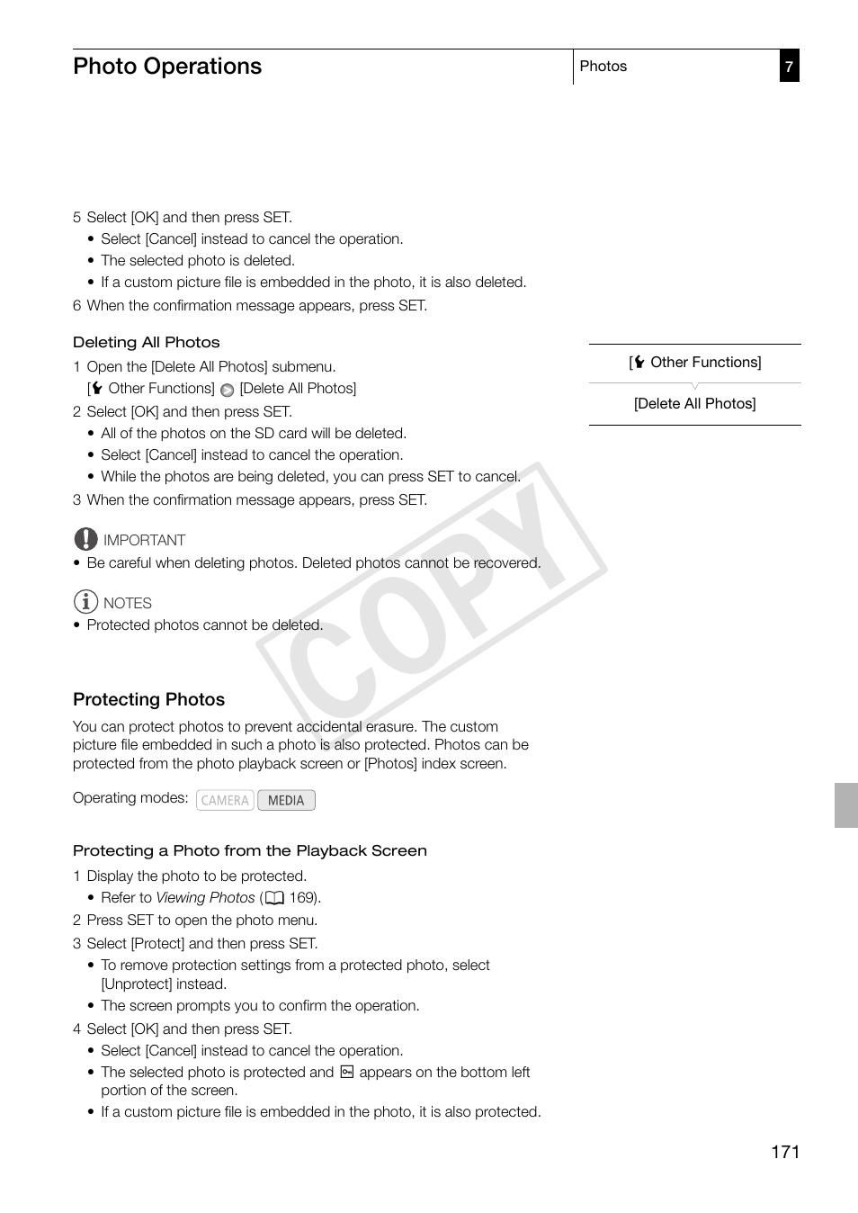 Protecting photos, Protecting photos 171, Cop y | Canon XF305 User Manual | Page 171 / 217