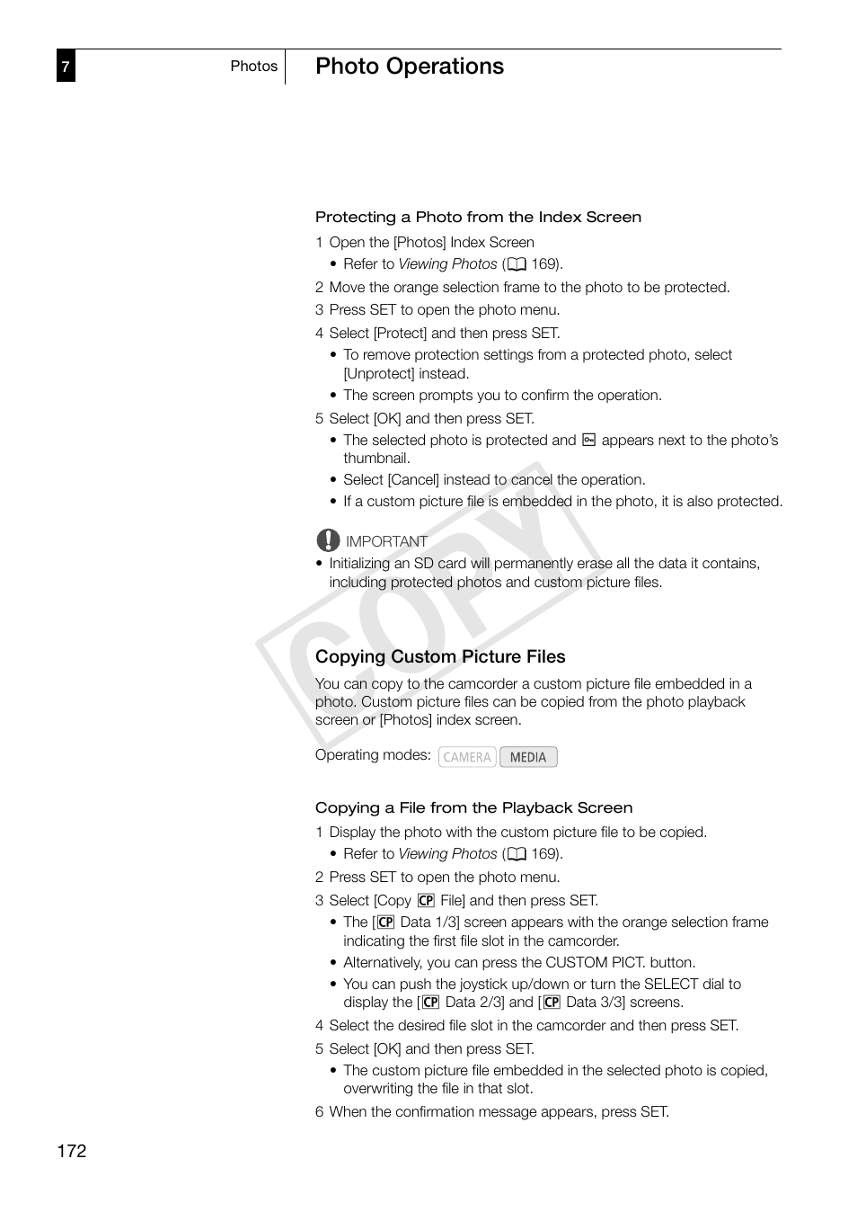 Copying custom picture files, Copying custom picture files 172, Cop y | Canon XF305 User Manual | Page 172 / 217