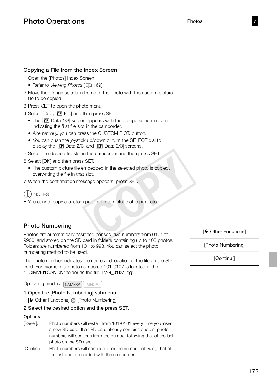 Photo numbering, Photo numbering 173, Cop y | Canon XF305 User Manual | Page 173 / 217