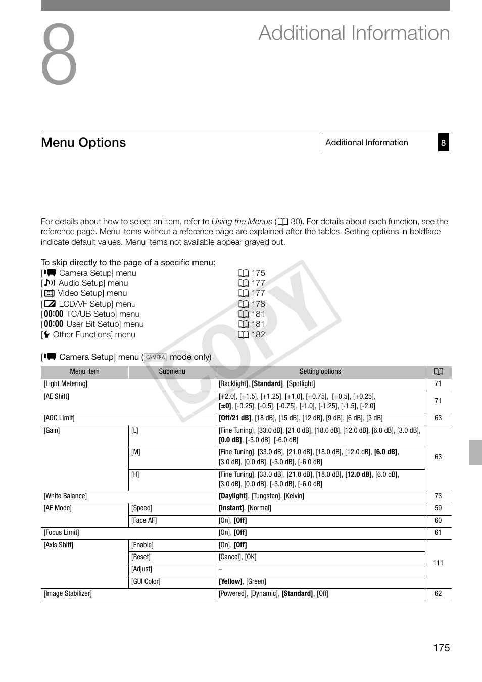 Additional information, Menu options, Additional information 175 | Menu options 175, Cop y | Canon XF305 User Manual | Page 175 / 217