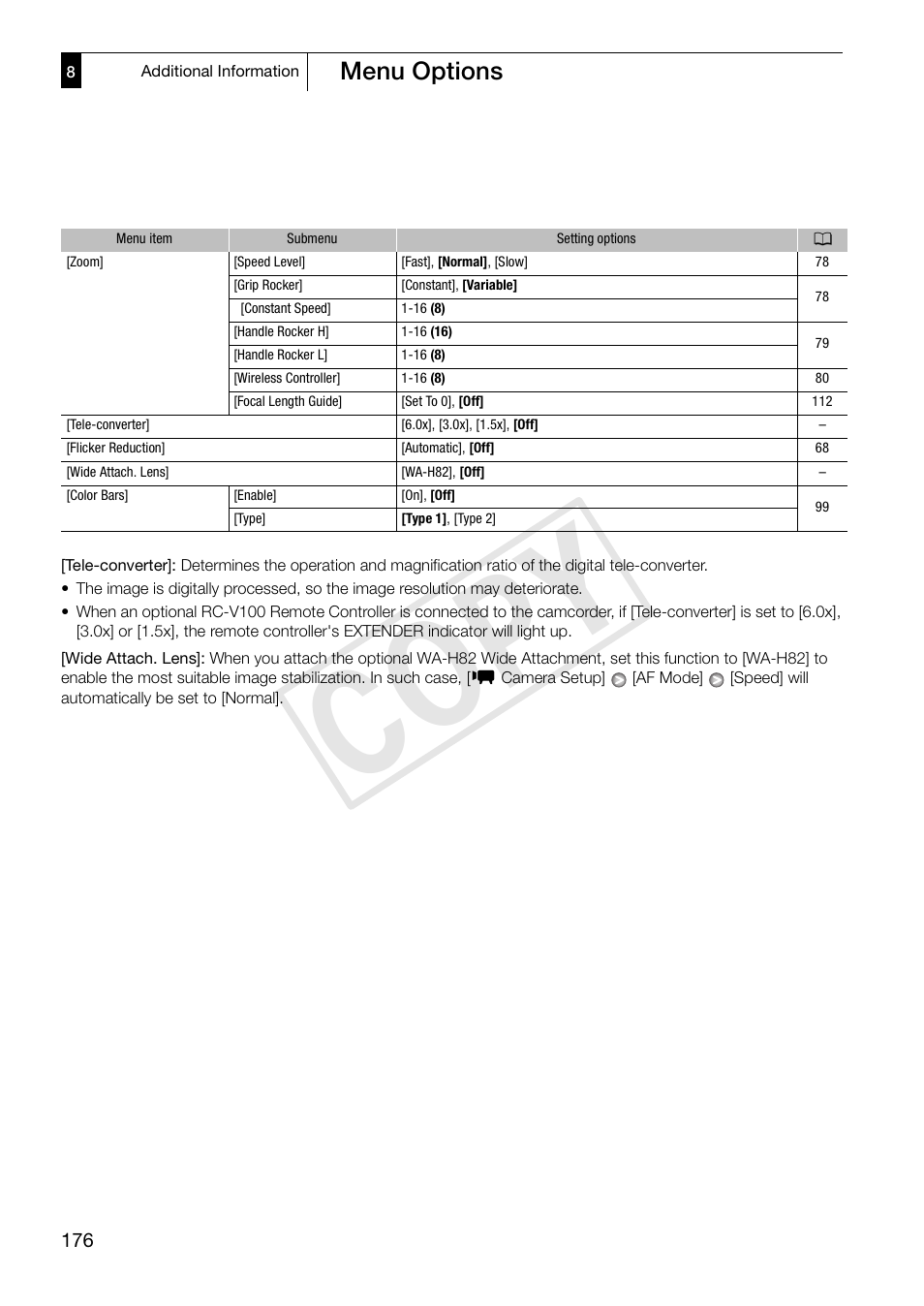 Cop y, Menu options | Canon XF305 User Manual | Page 176 / 217