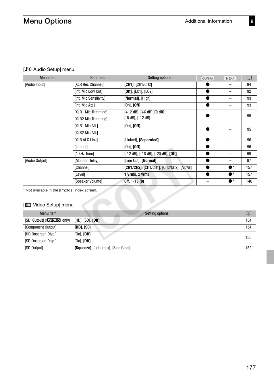 Cop y, Menu options | Canon XF305 User Manual | Page 177 / 217