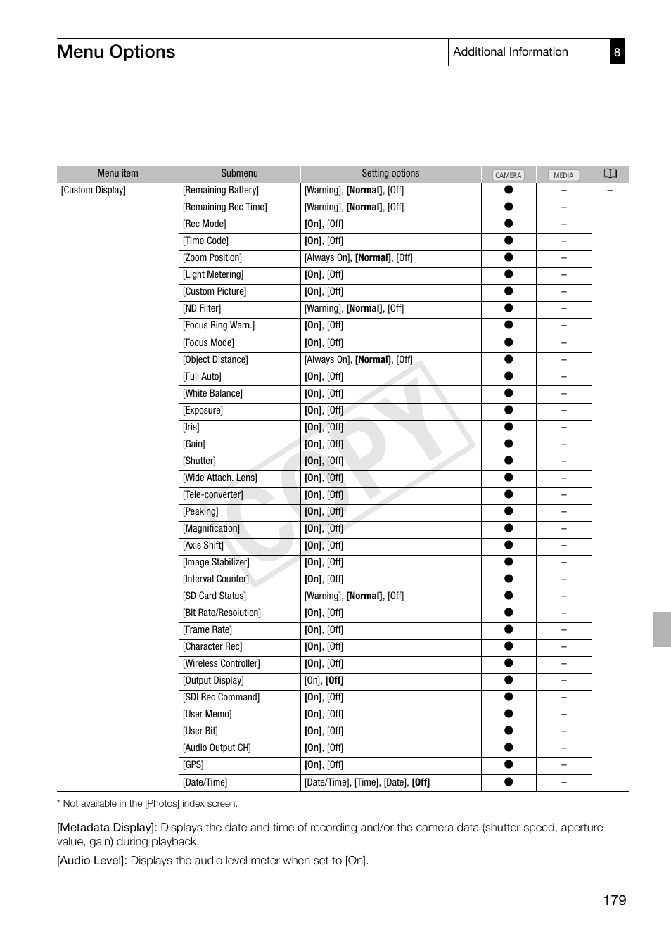 Cop y, Menu options | Canon XF305 User Manual | Page 179 / 217