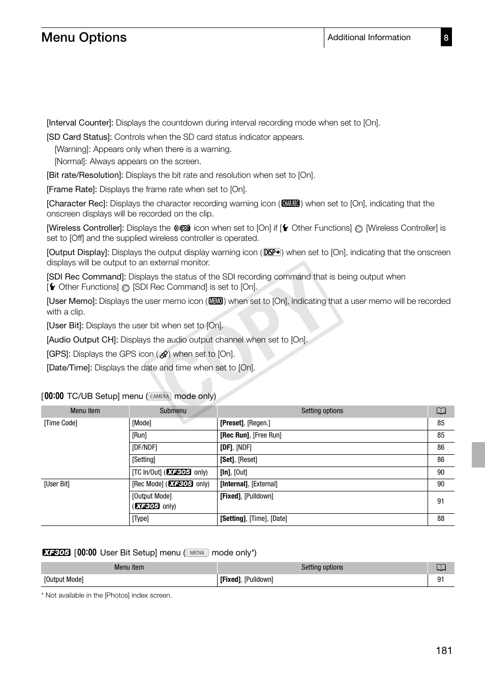 Cop y, Menu options | Canon XF305 User Manual | Page 181 / 217