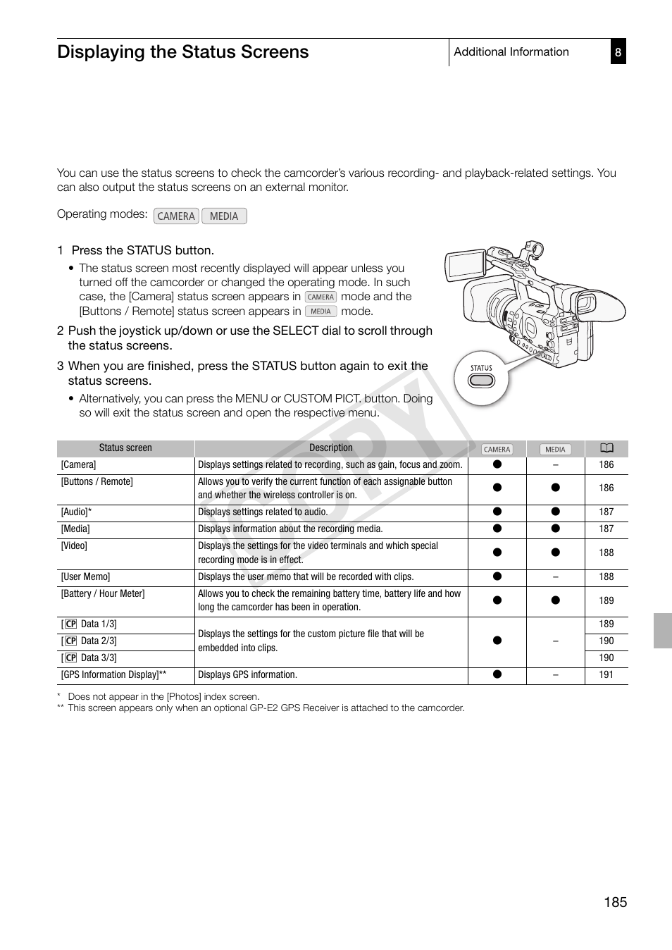 Displaying the status screens, Displaying the status screens 185, Cop y | Canon XF305 User Manual | Page 185 / 217