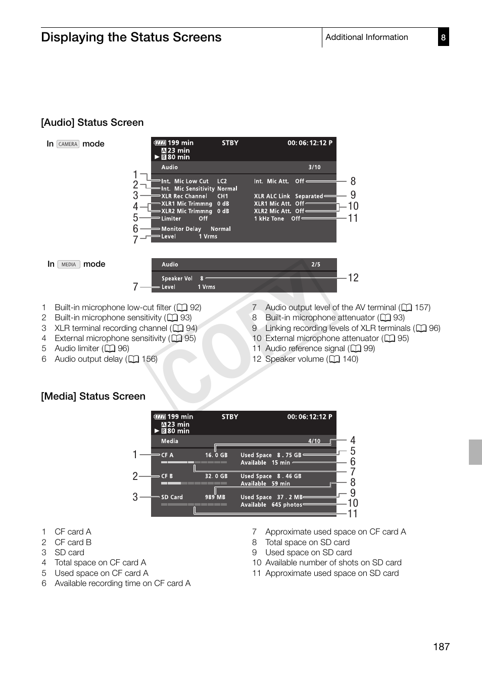 Cop y, Displaying the status screens | Canon XF305 User Manual | Page 187 / 217