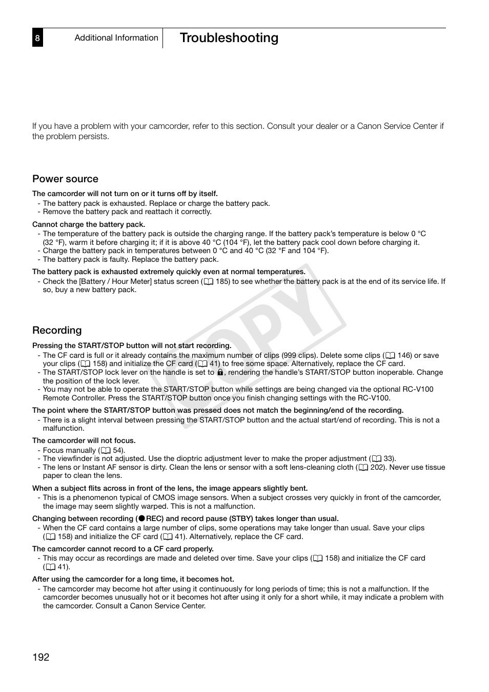 Troubleshooting, Troubleshooting 192, Cop y | Canon XF305 User Manual | Page 192 / 217