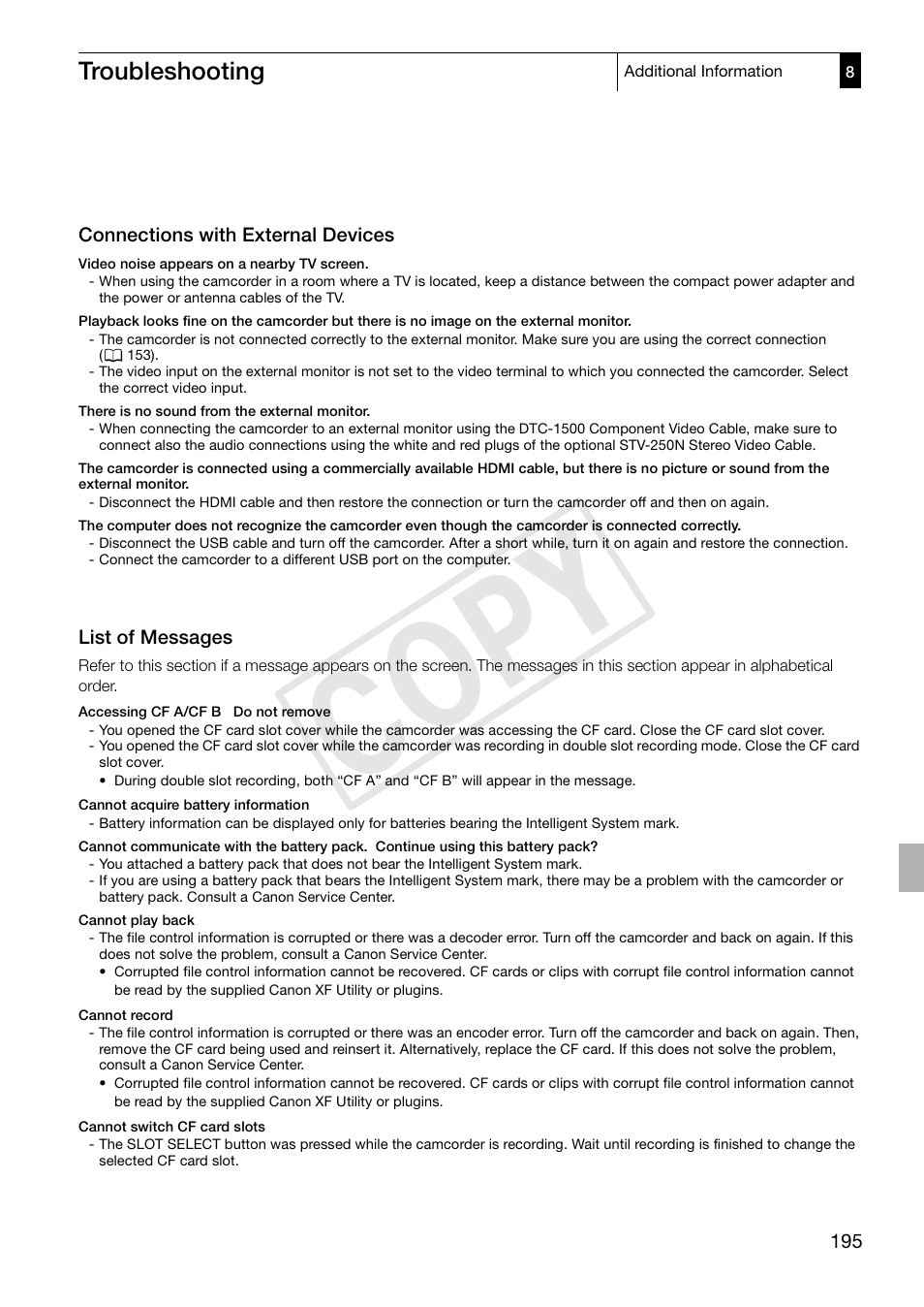 List of messages, List of messages 195, Cop y | Troubleshooting | Canon XF305 User Manual | Page 195 / 217