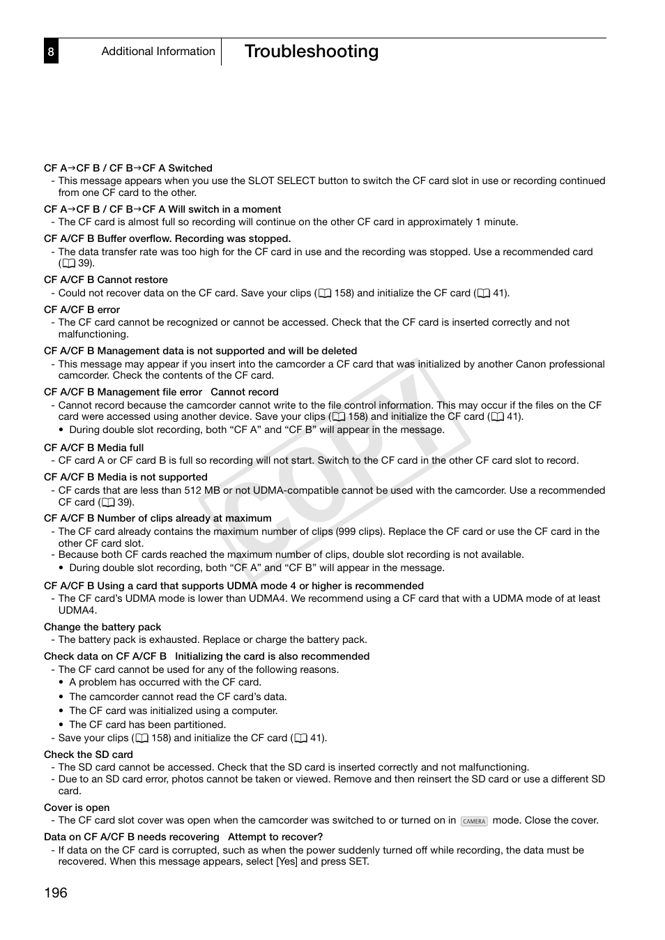 Cop y, Troubleshooting | Canon XF305 User Manual | Page 196 / 217